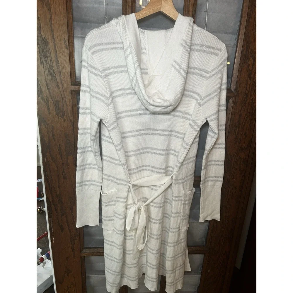 NWT Chaser Striped Hooded‎ Cardigan With Tie White & Metallic Silver Size M